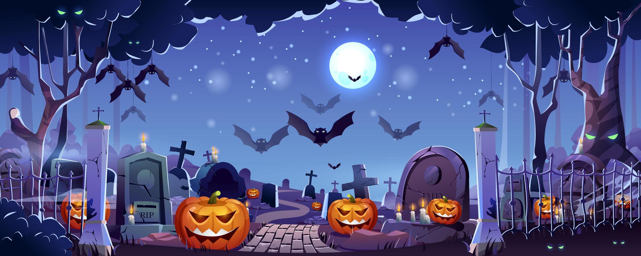 Halloween graveyard landing page web banner background vector