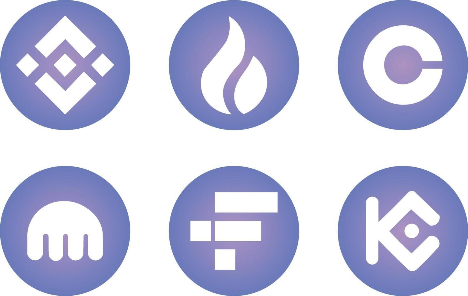 Cryptocurrency exchange gradient icons. Binance, Huobi Global,Coinbase vector