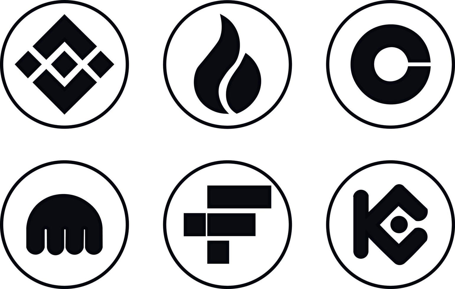 Cryptocurrency exchanges icons. The frames around the logo are black. vector