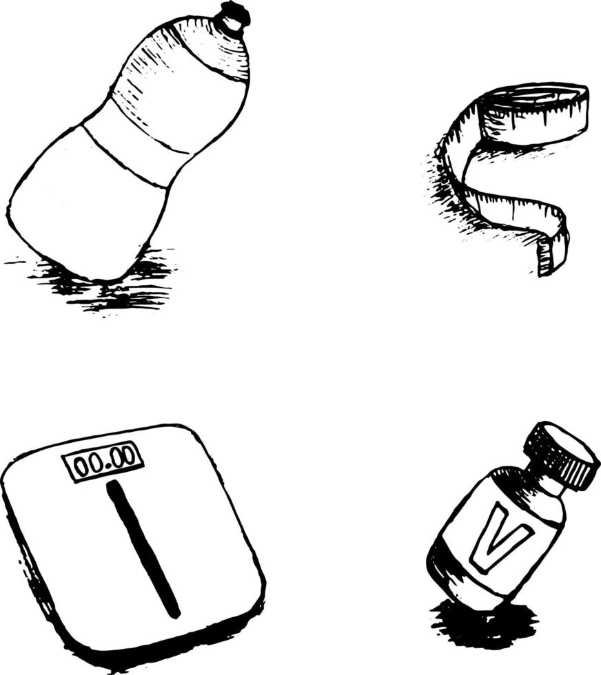 Sports icons line. Bottle, centimeter, scales and vitamins. vector