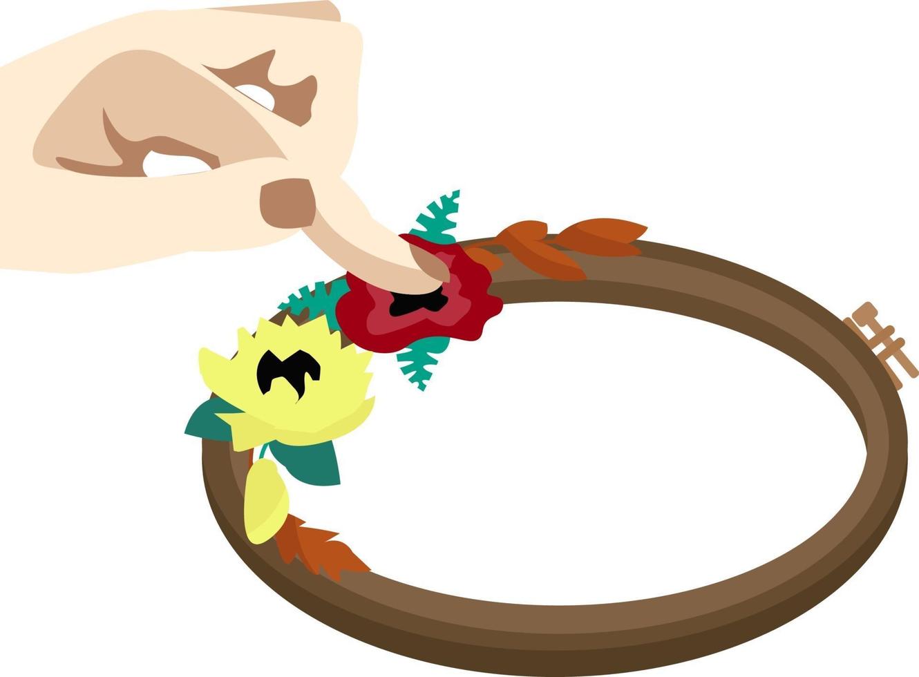 The embroiderer holds a flower arrangement on her hoop. vector