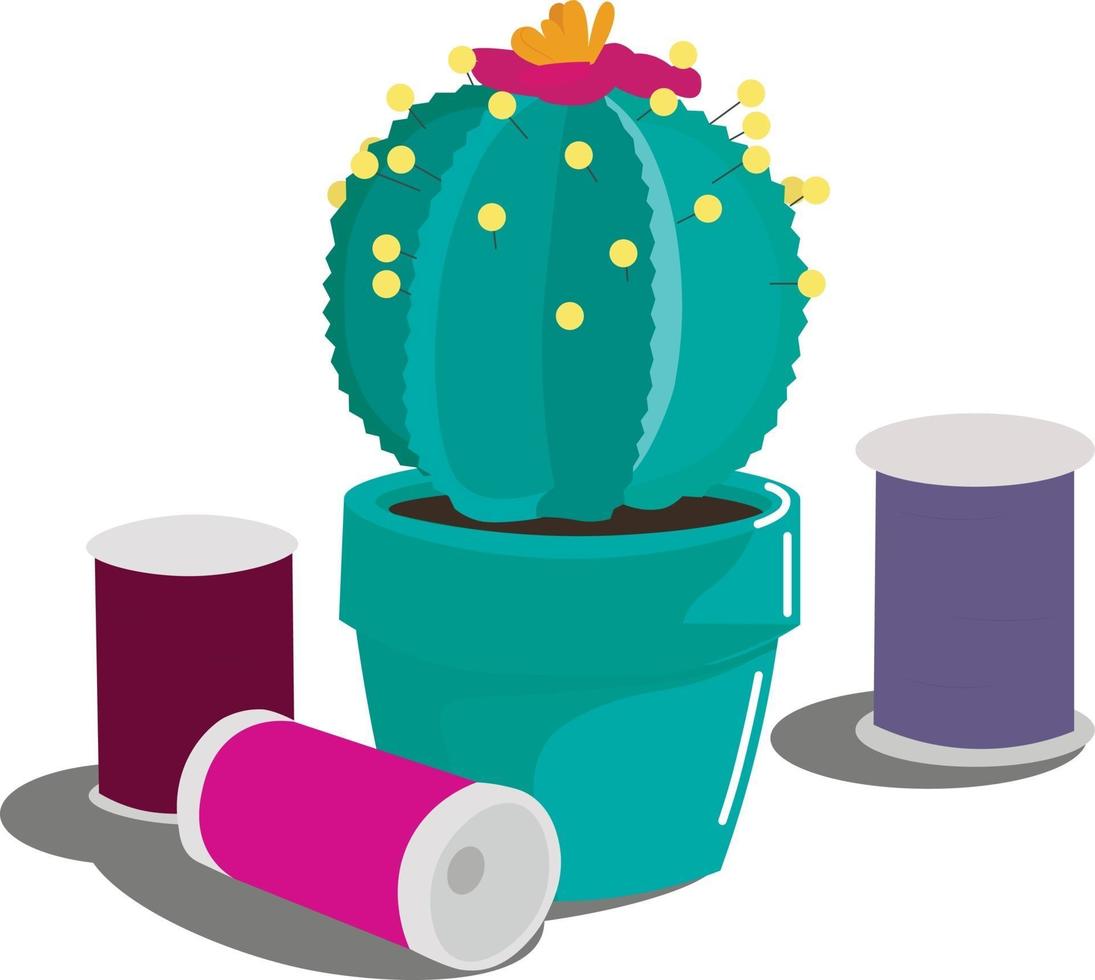 Cute green cactus flower pot cactus and spools of thread vector