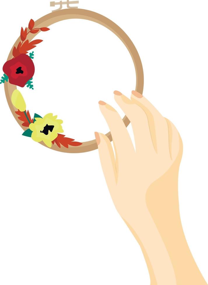 The embroiderer holds a hoop with beautiful flowers with one hand. vector