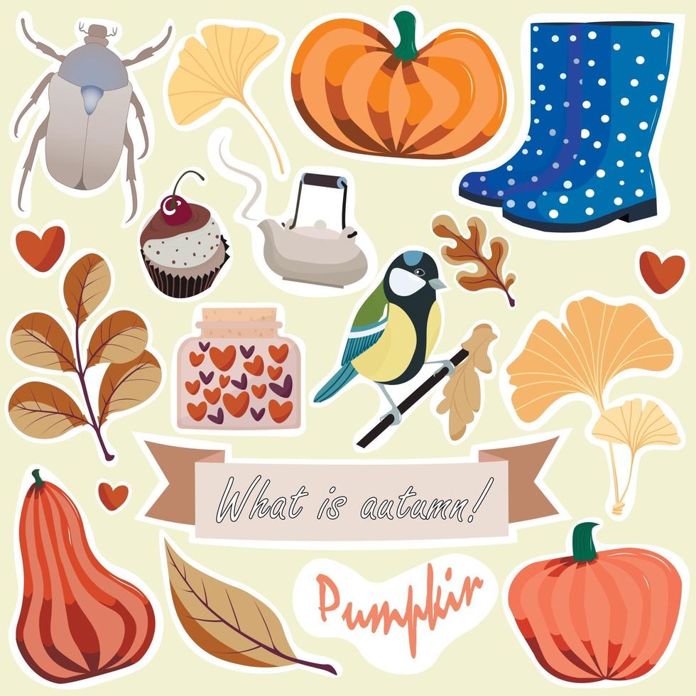 Set of stickers with pumpkins, rubber boots, birds, lettering and more vector