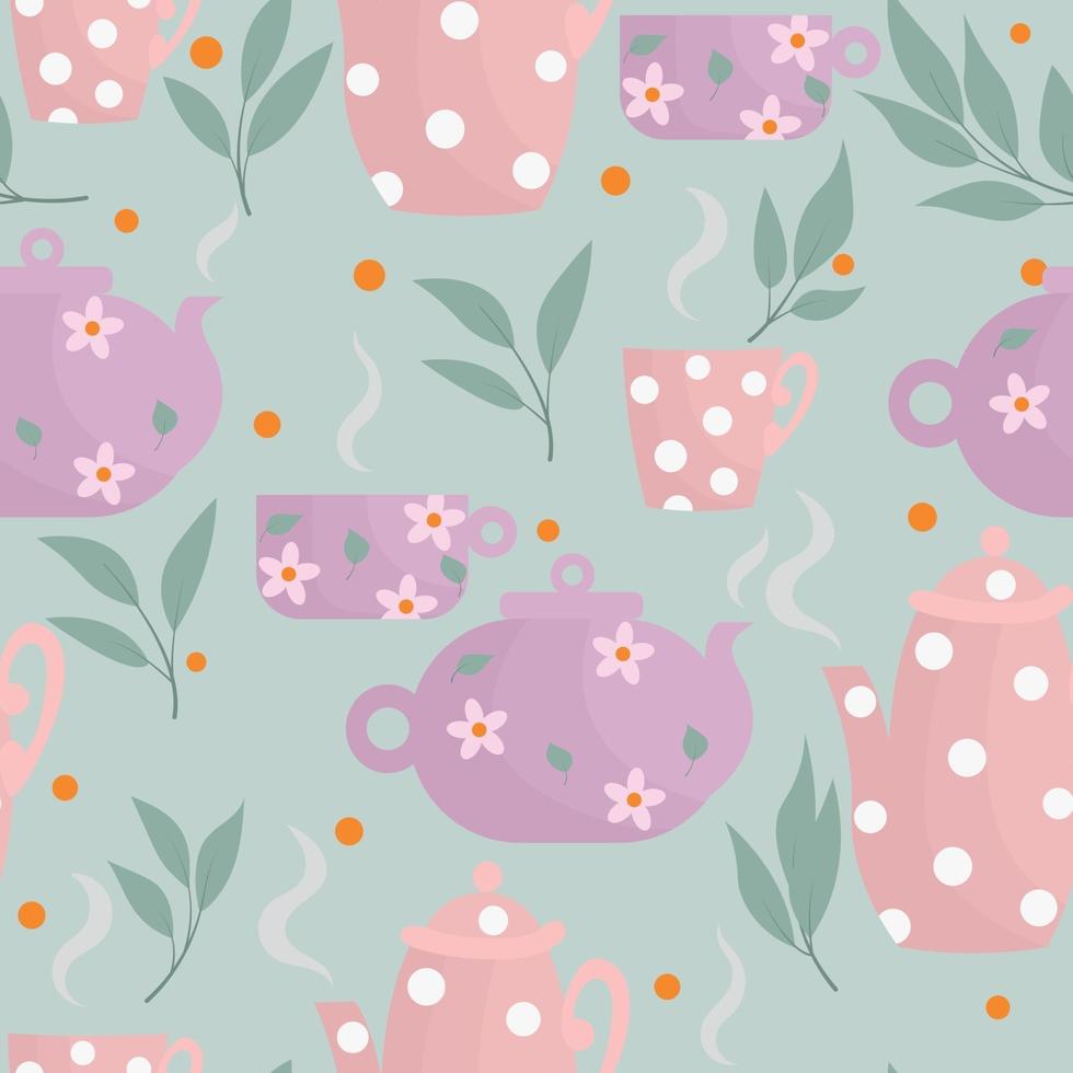 Seamless pattern with teapot and cup. Tea ceremony. Tea set in pink. vector