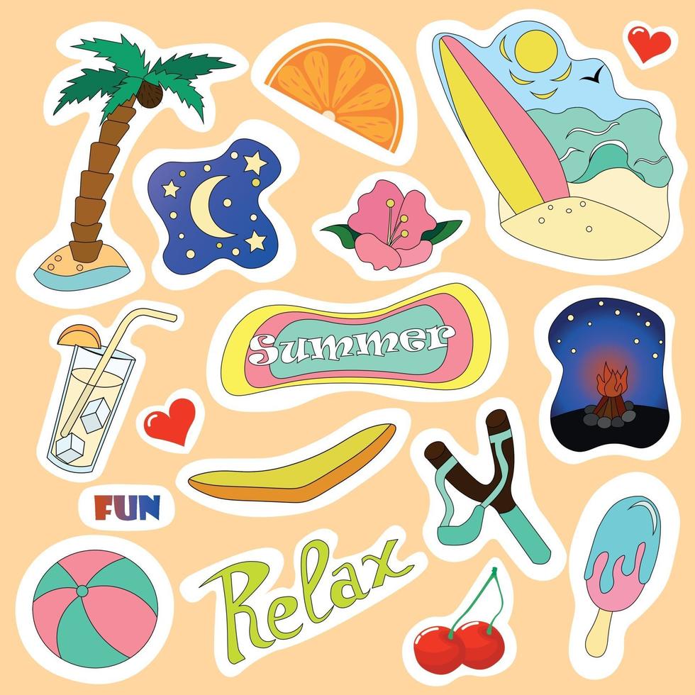 Summer stickers set.Bright images and inscriptions on the summer theme vector