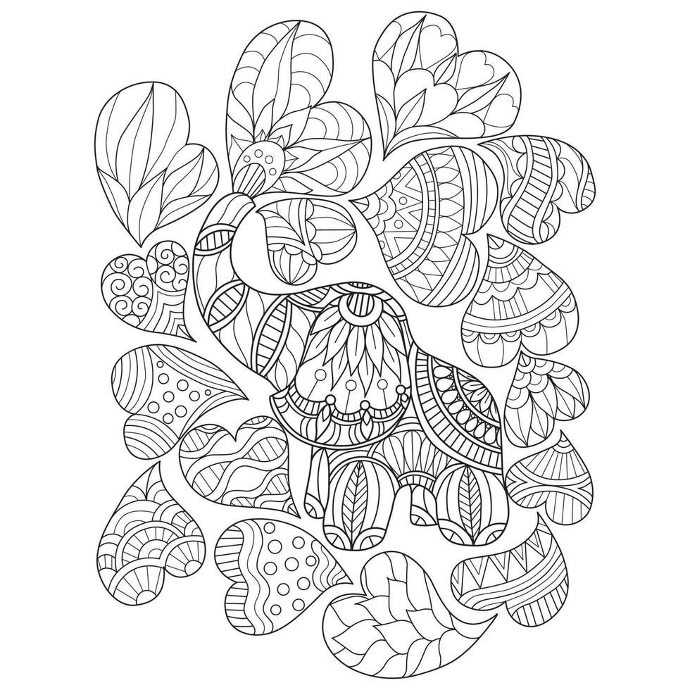 Elephant and hearts hand drawn for adult coloring book vector