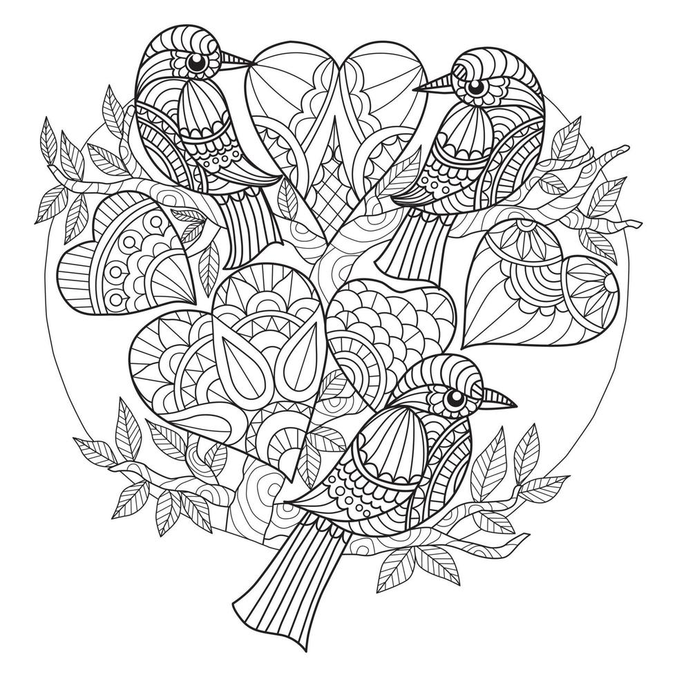 Birds and hearts hand drawn for adult coloring book vector