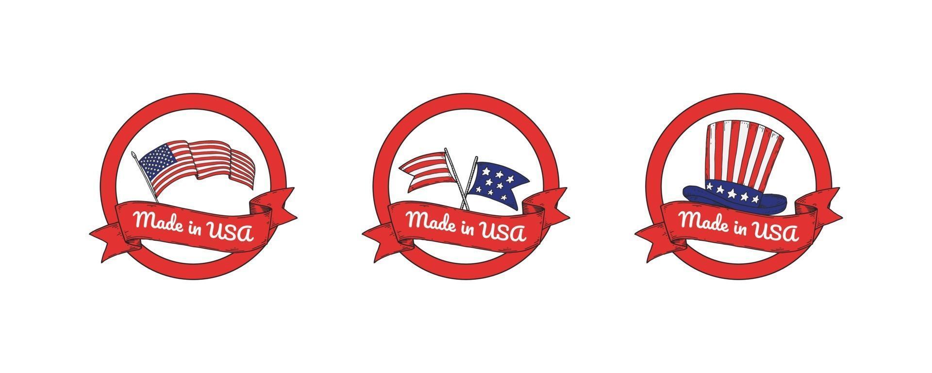 conjunto de etiquetas made is usa con elementos dibujados a mano. vector