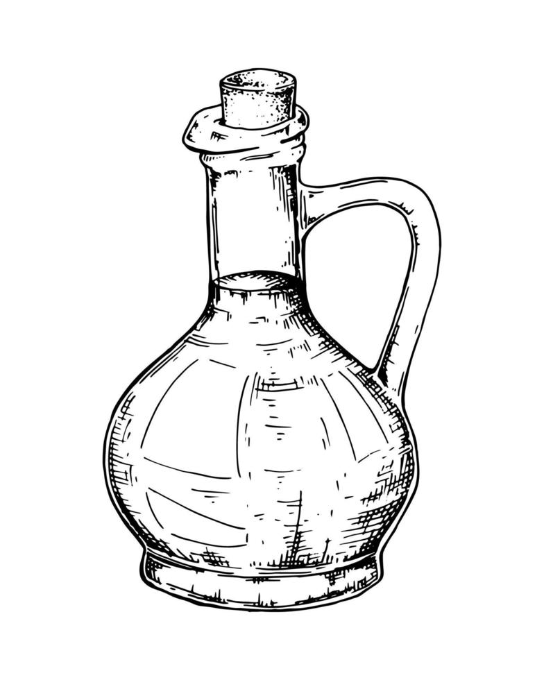 botella de vidrio dibujada a mano con aceite de oliva. vector