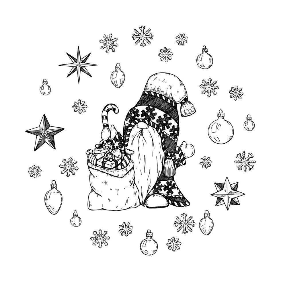 gnomo de Navidad dibujado a mano y bolsa con regalos y copos de nieve. vector