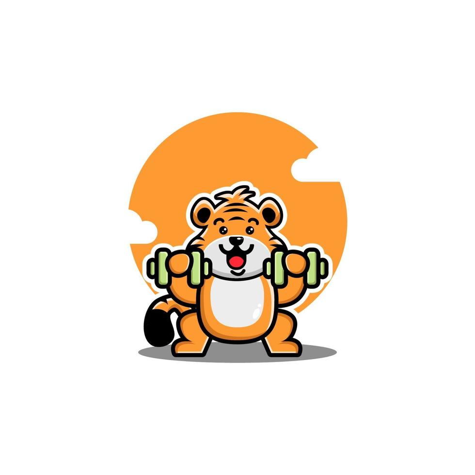 tigre lindo levantando dibujos animados con mancuernas vector