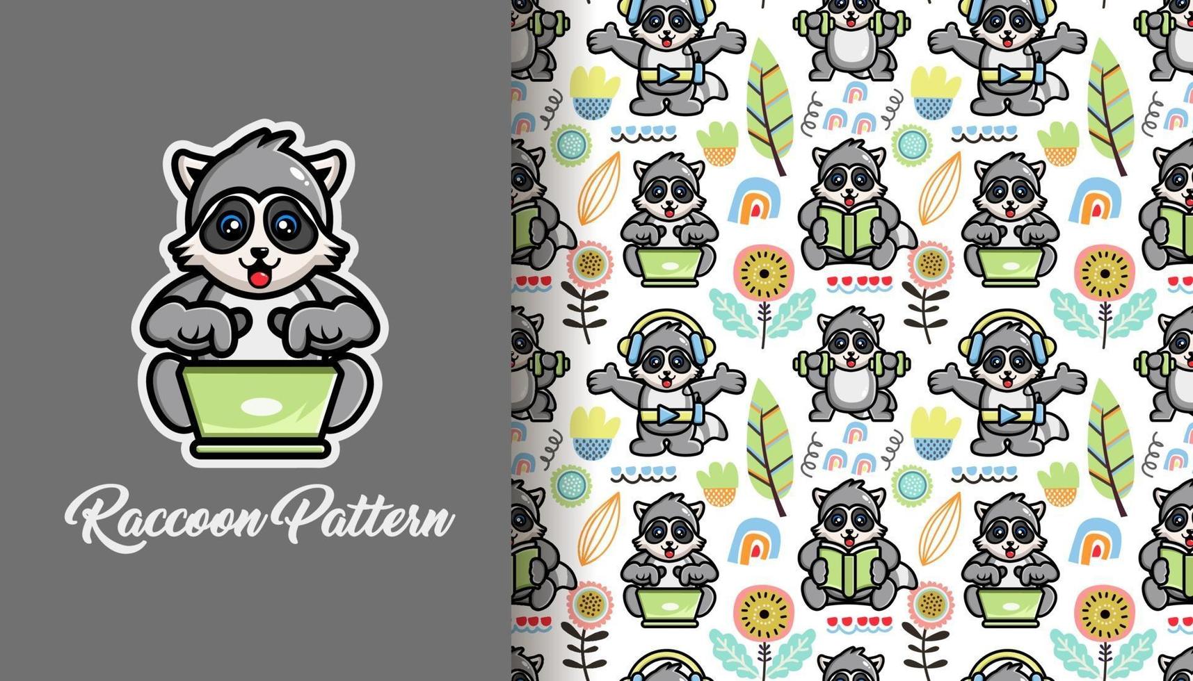 Seamless pattern tropical summer with cute raccoon vector
