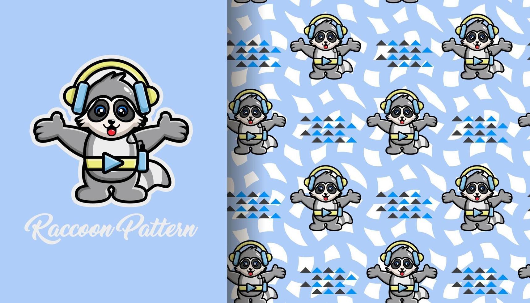 Geometric shapes cute raccoon and headphone pattern vector