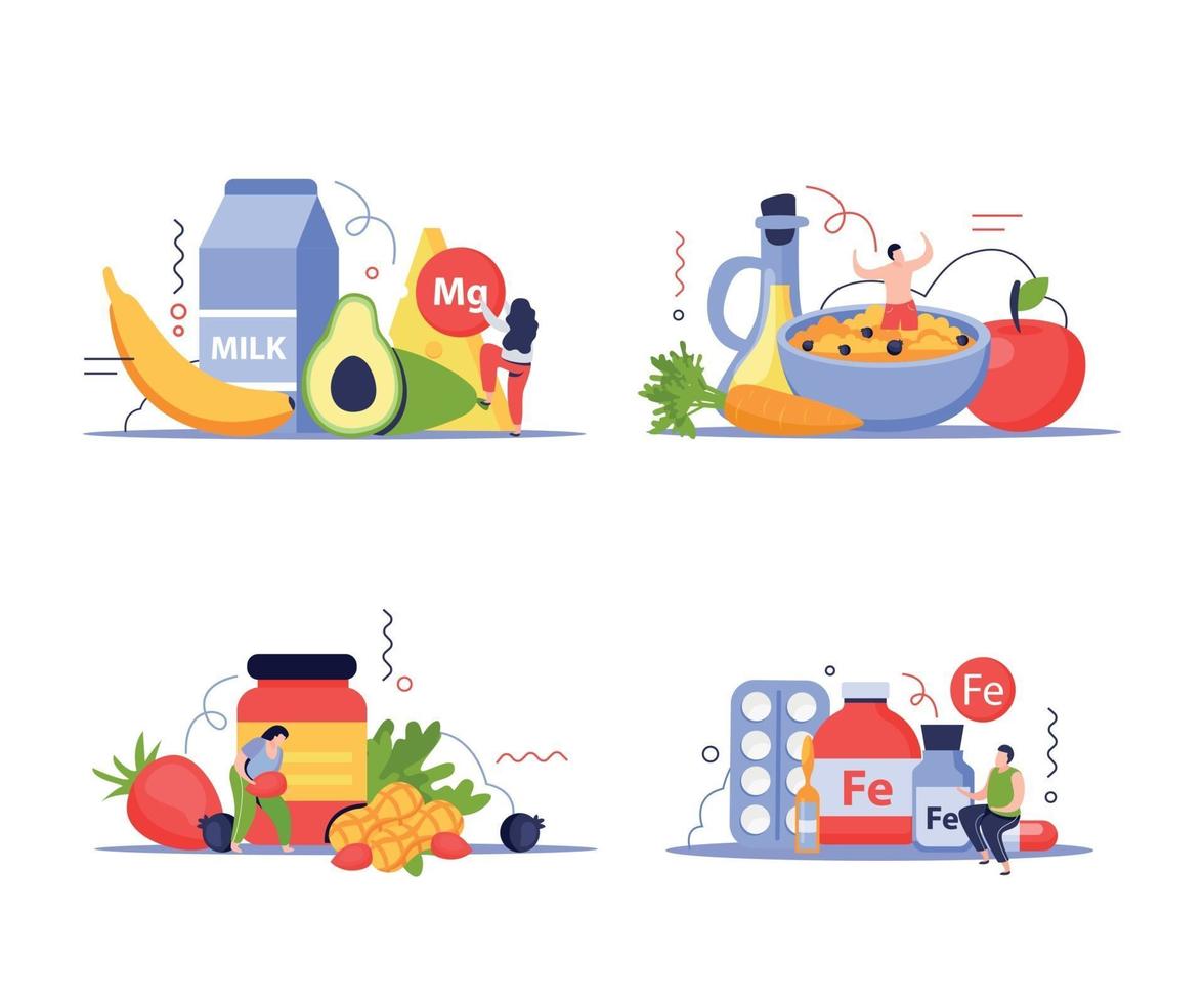 vitaminas en productos concepto conjunto de iconos vector