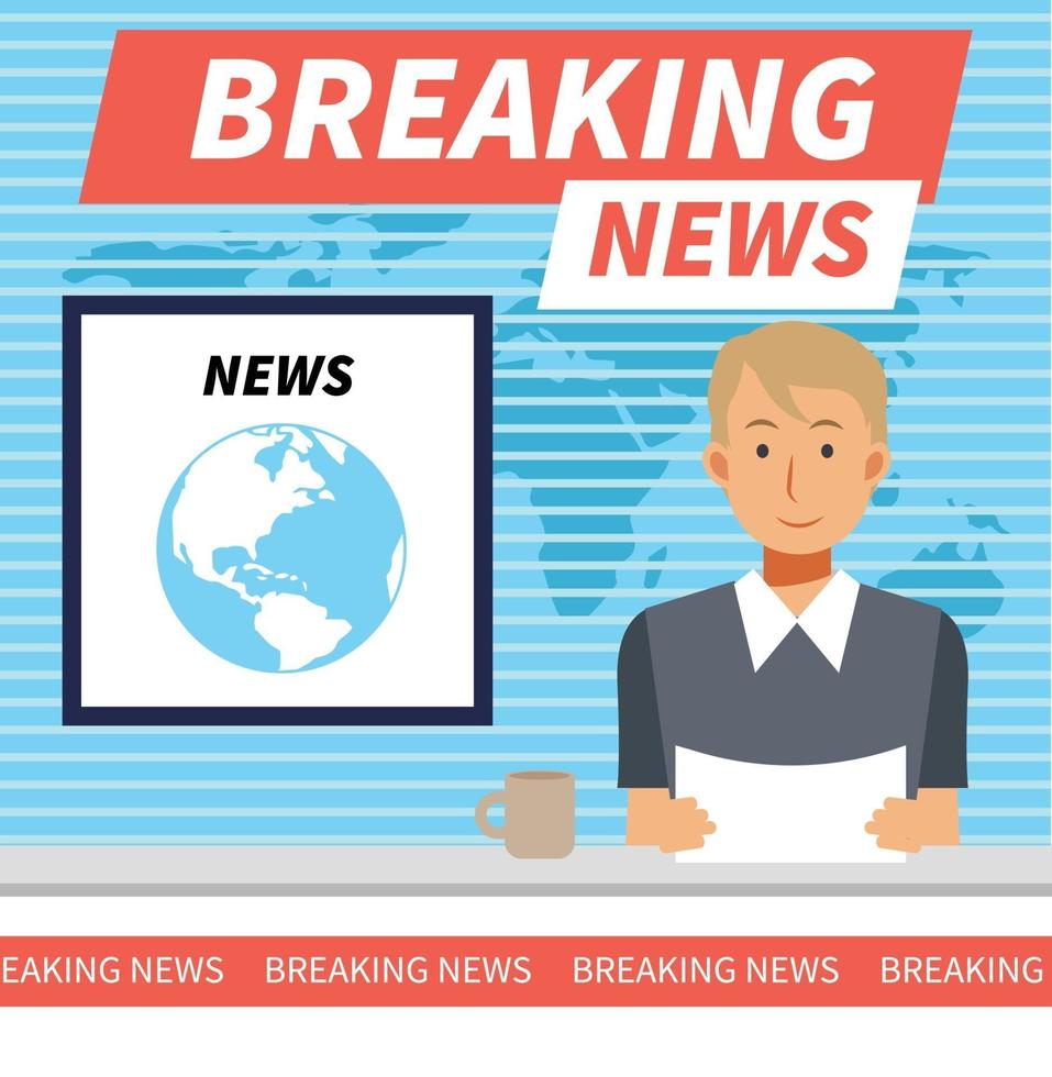 Breaking news flat vector illustration concept. Male Newscaster