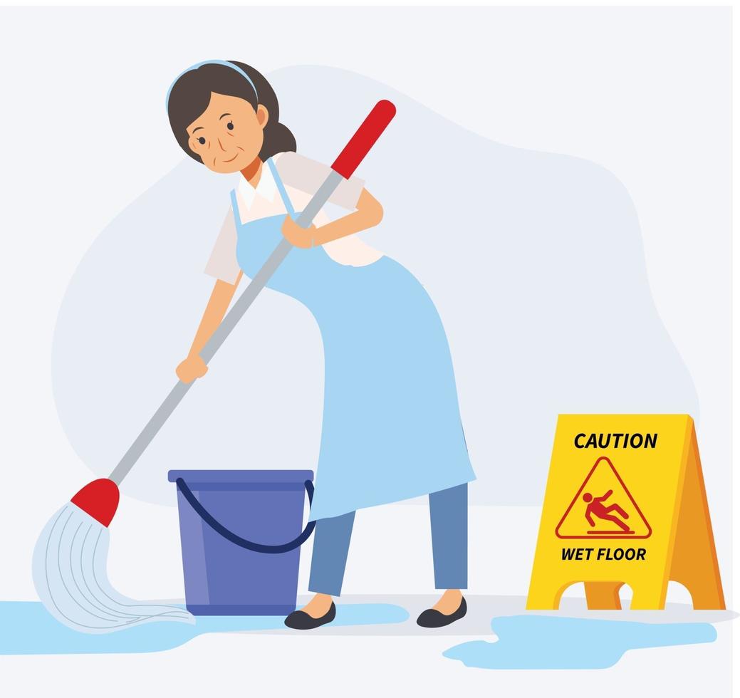 old woman as housekeeper is Cleaning The Floor,Cleaning Concept. vector
