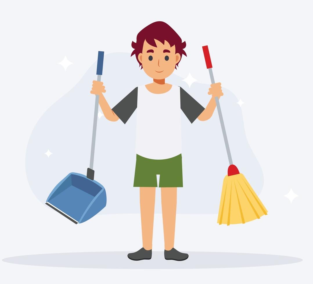 Young little boy holding broom and dust scoop,cleaning housework