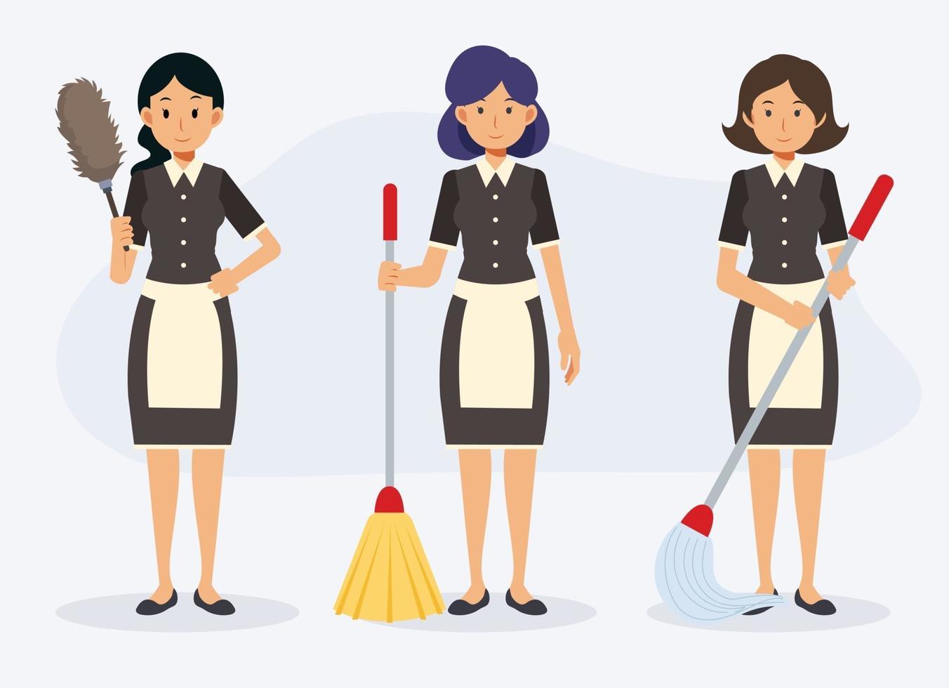 3 of maid with cleaning equipment,broom, mop and feather duster. vector