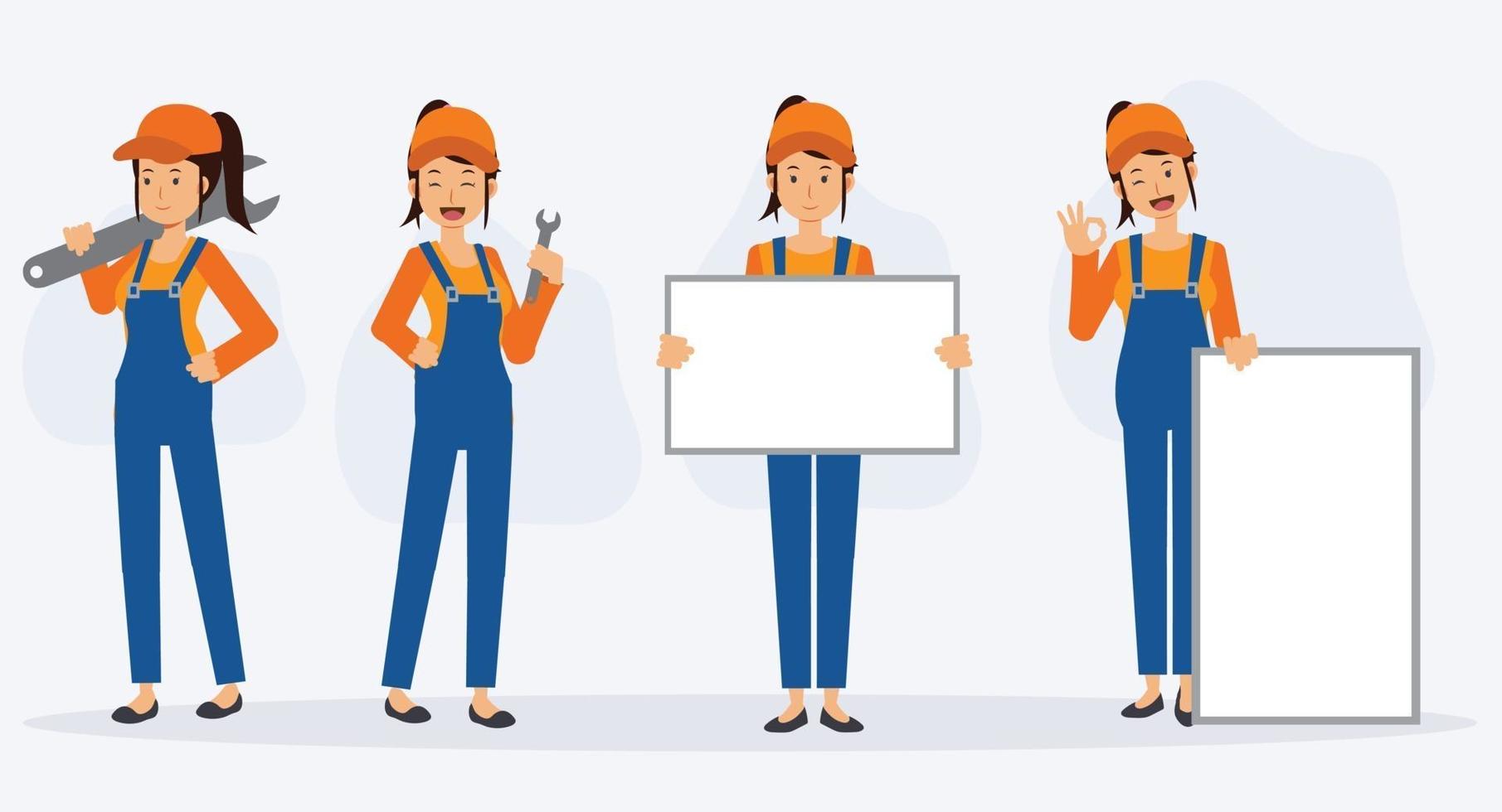 Set of female mechanic repairman in various action,holding blank sign. vector