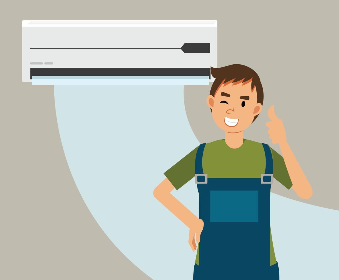 Service and repair of air conditioners. repairman thumb up. vector