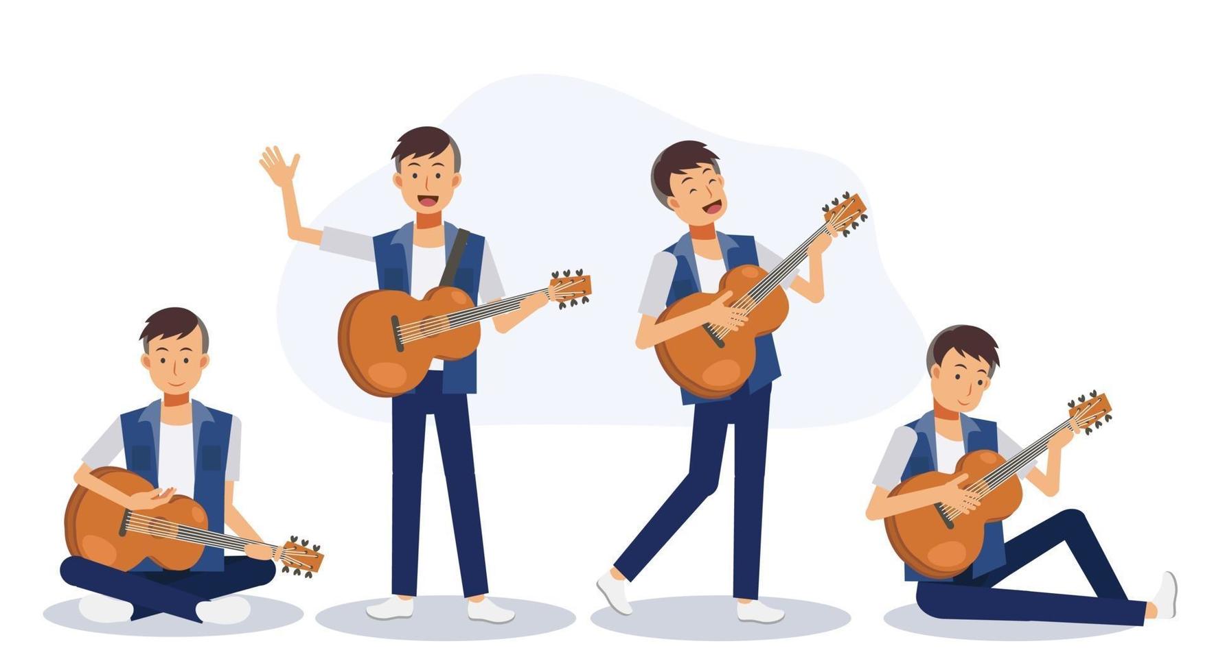 Set of man with acoustic guitar. A man playing guitar. vector