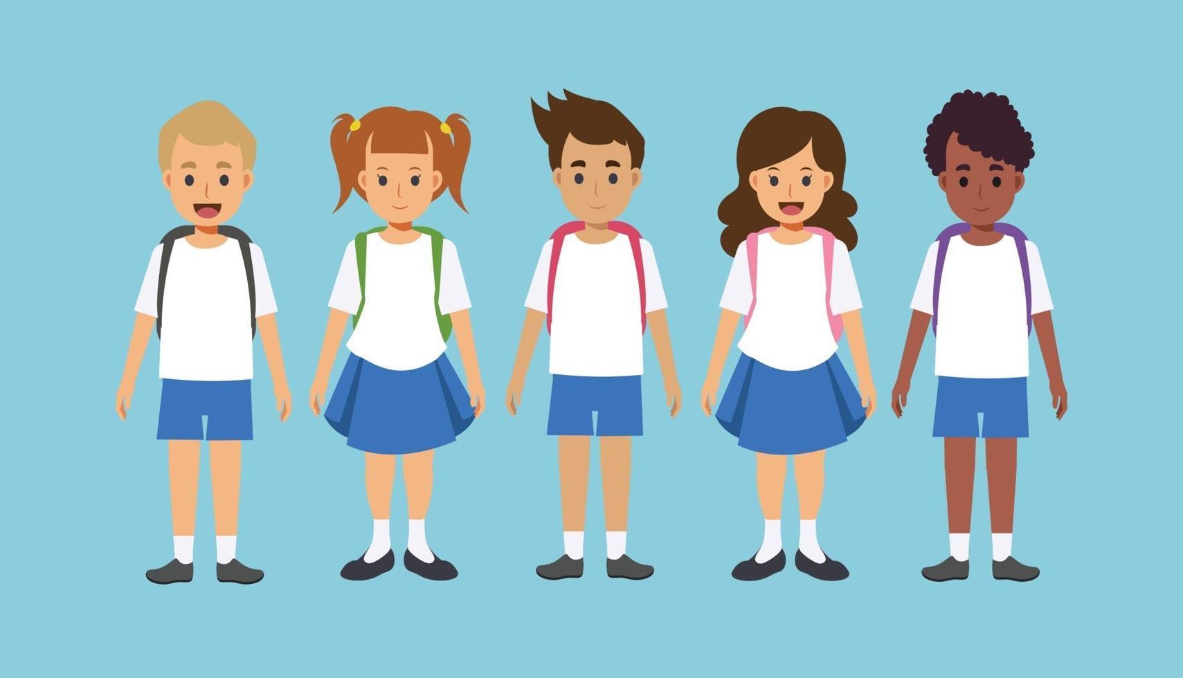 niños vestidos con uniforme escolar con mochilas. vector