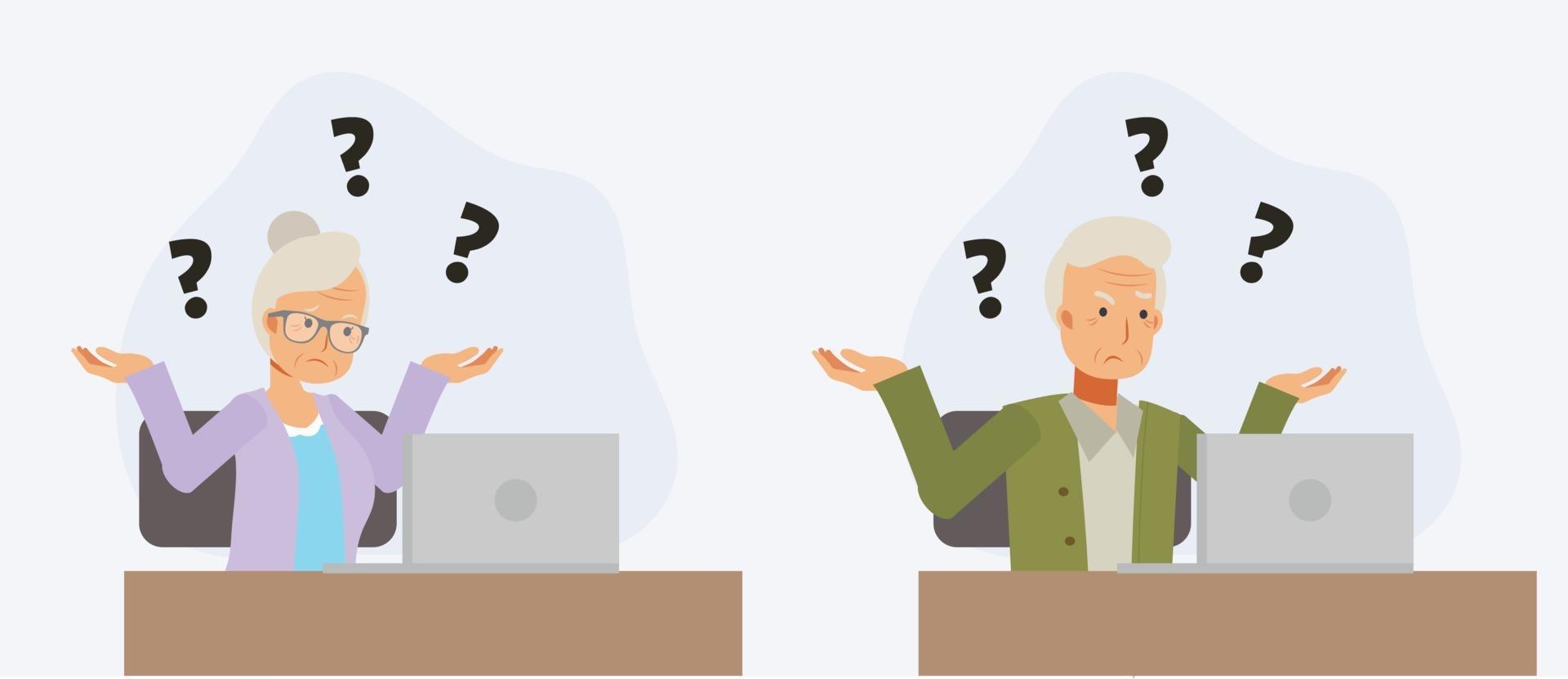 The old people who have troubled with techonology. Get confuse. vector
