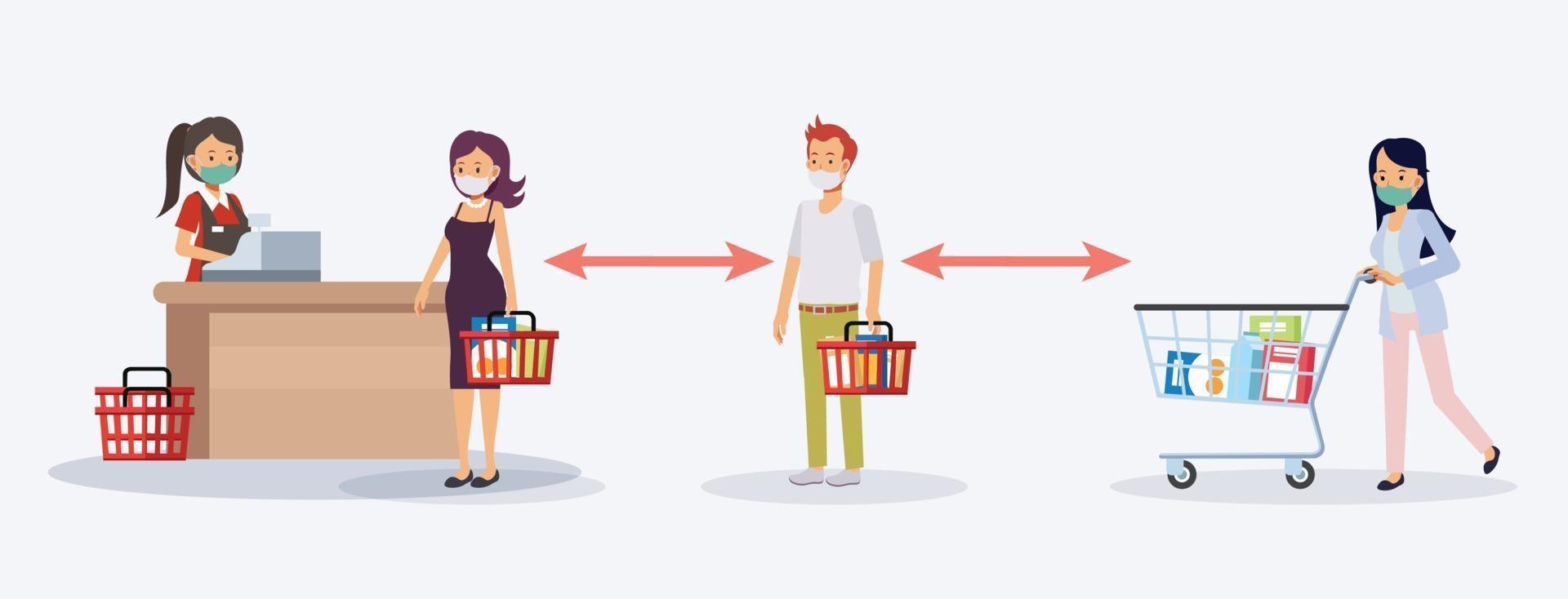 Social distancing in grocery store,supermarket concept. vector