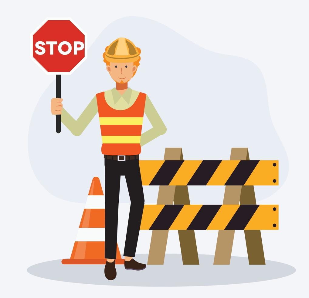 male engineer is holding STOP sign for warning under construction area vector