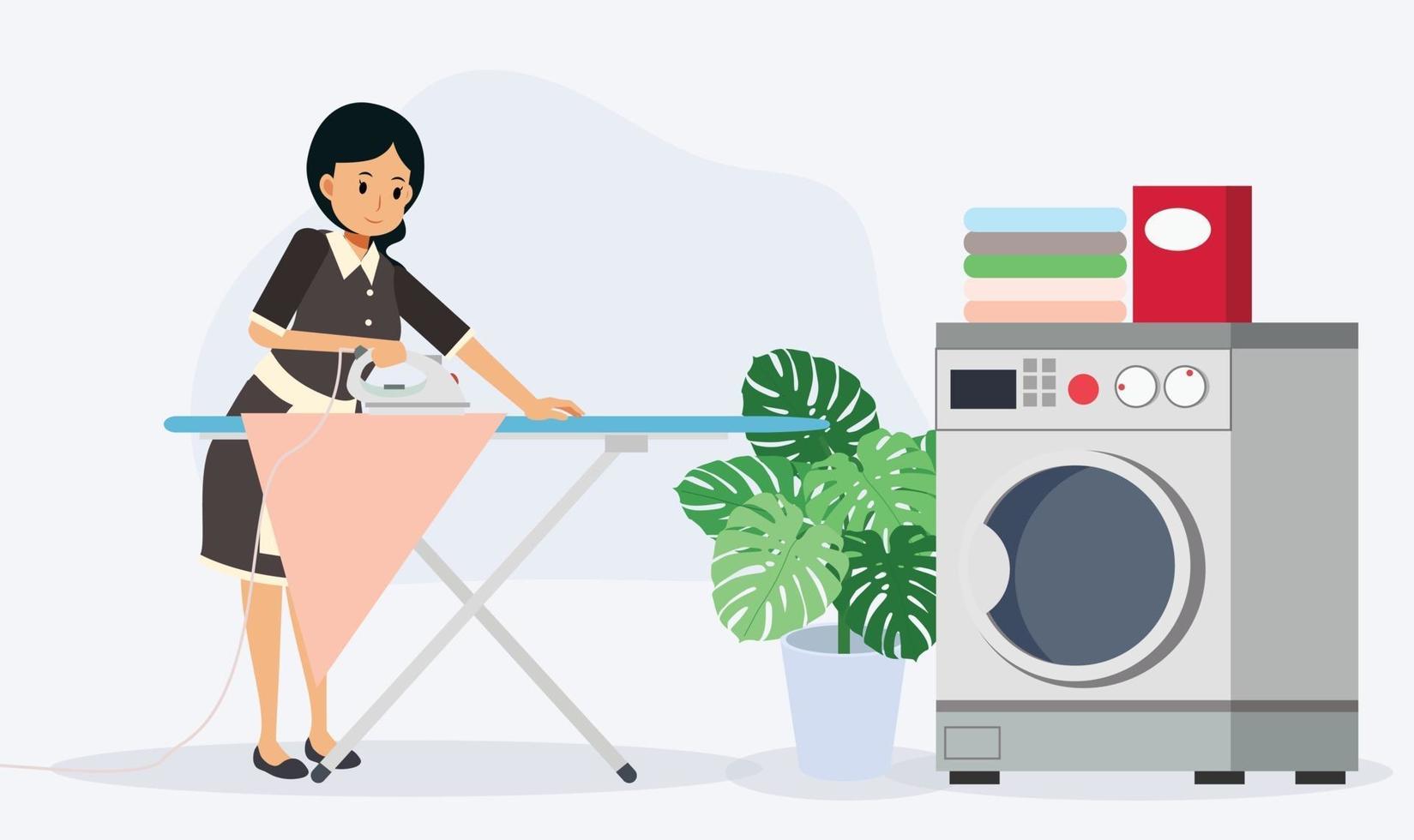 Maid is ironing clothes.Housework concept, vector