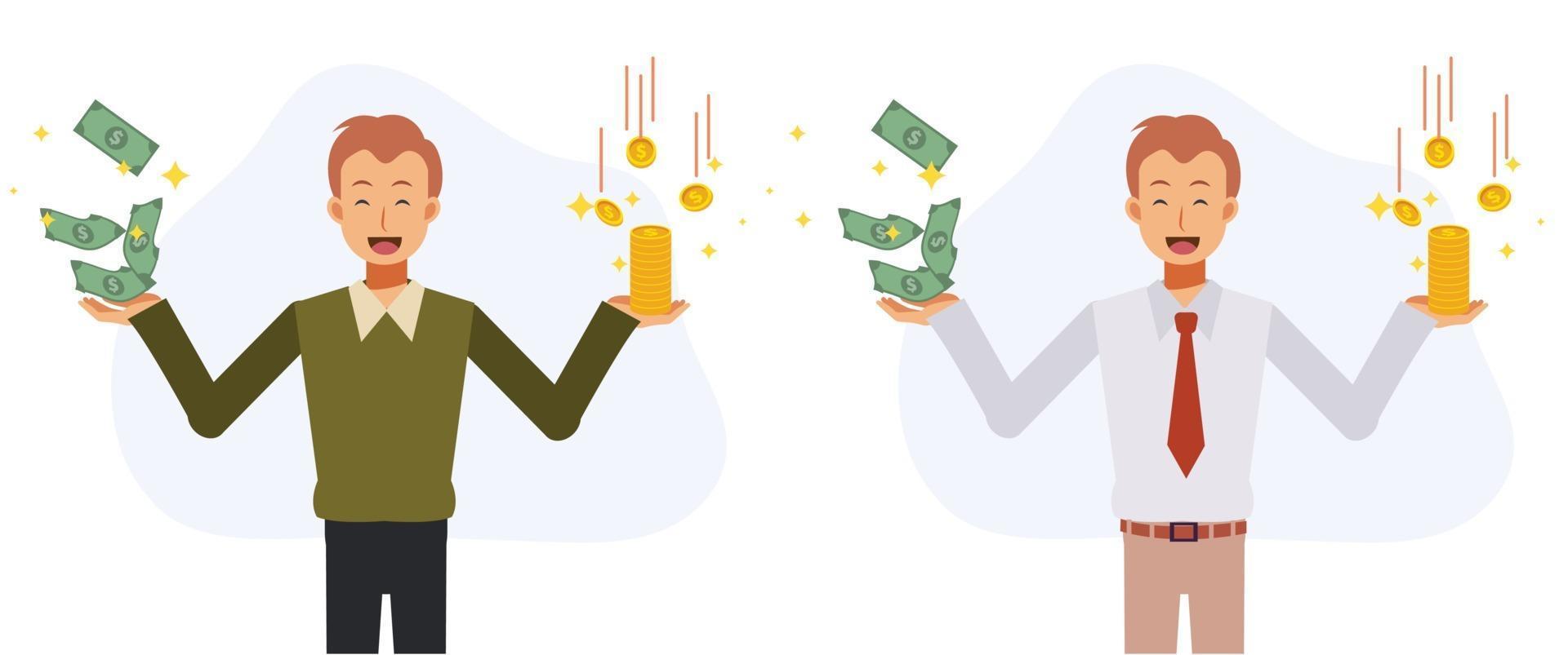 Economy and savings concept.Happy man is holding coins and banknotes vector