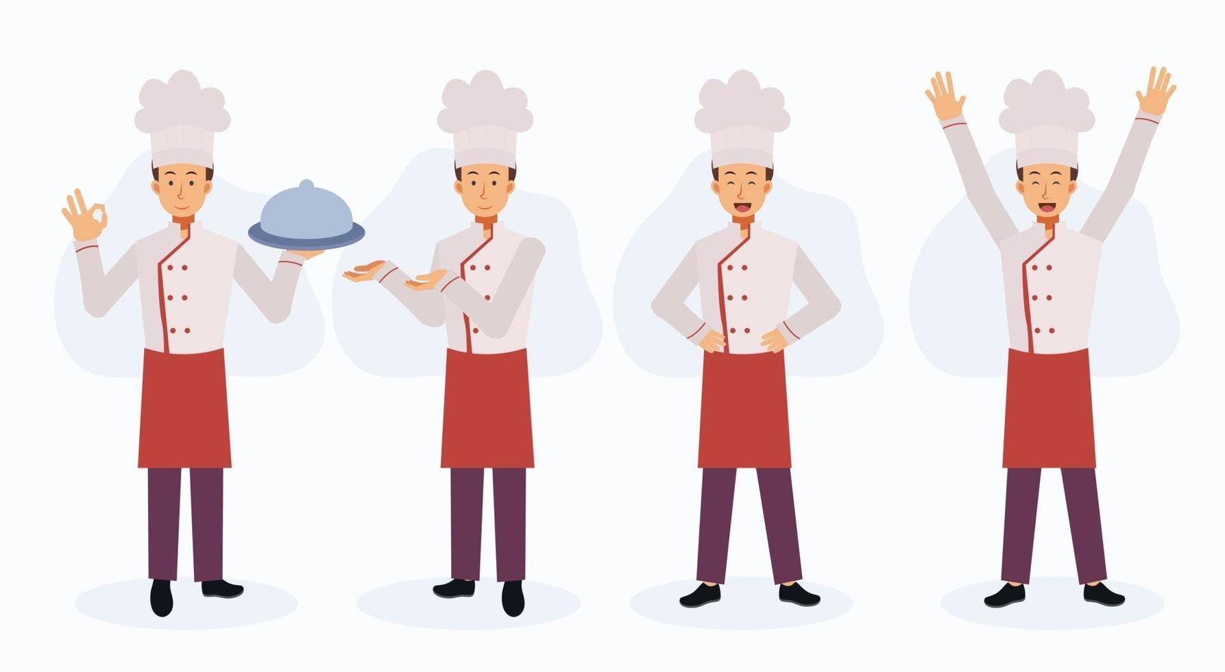 conjunto de chef masculino con un abrigo de cocinero en varias acciones. vector