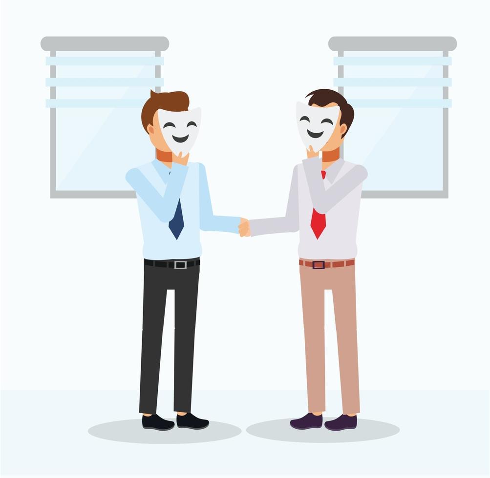 Businessman Shaking Hands With Partner Hiding Behind Mask.Insincere, vector