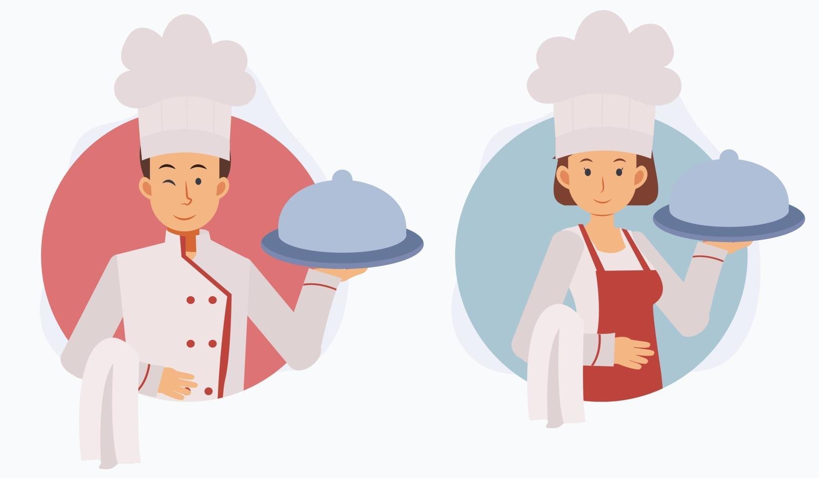chef hombre y mujer, personaje de dibujos animados de vector plano.