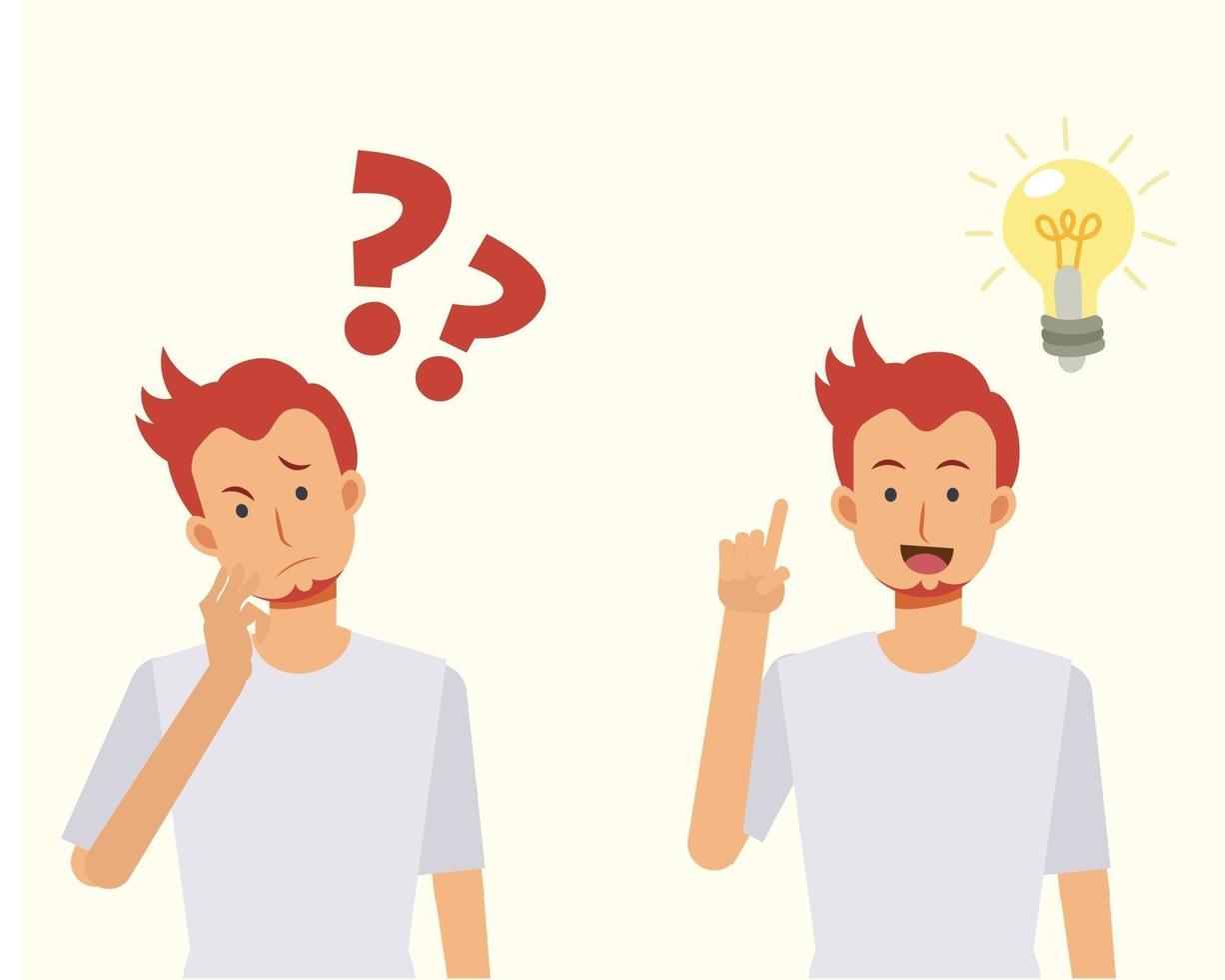 Man is thinking  with question marks. then have some idea pop out. vector