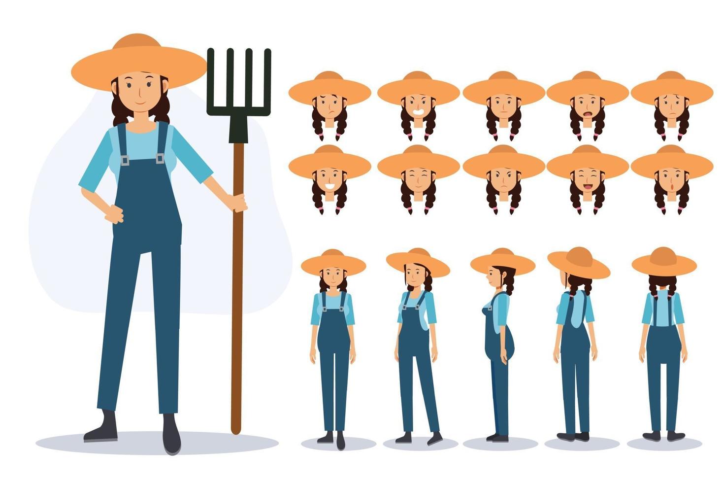 Character of a Female Farmer in various views vector