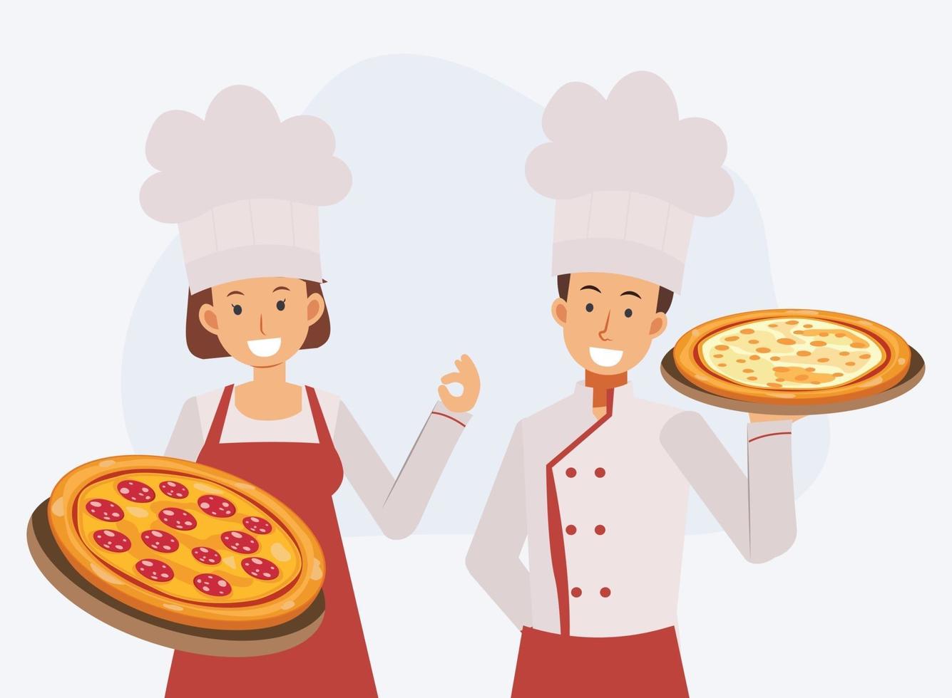 male and female in chef uniform holding pizza. vector