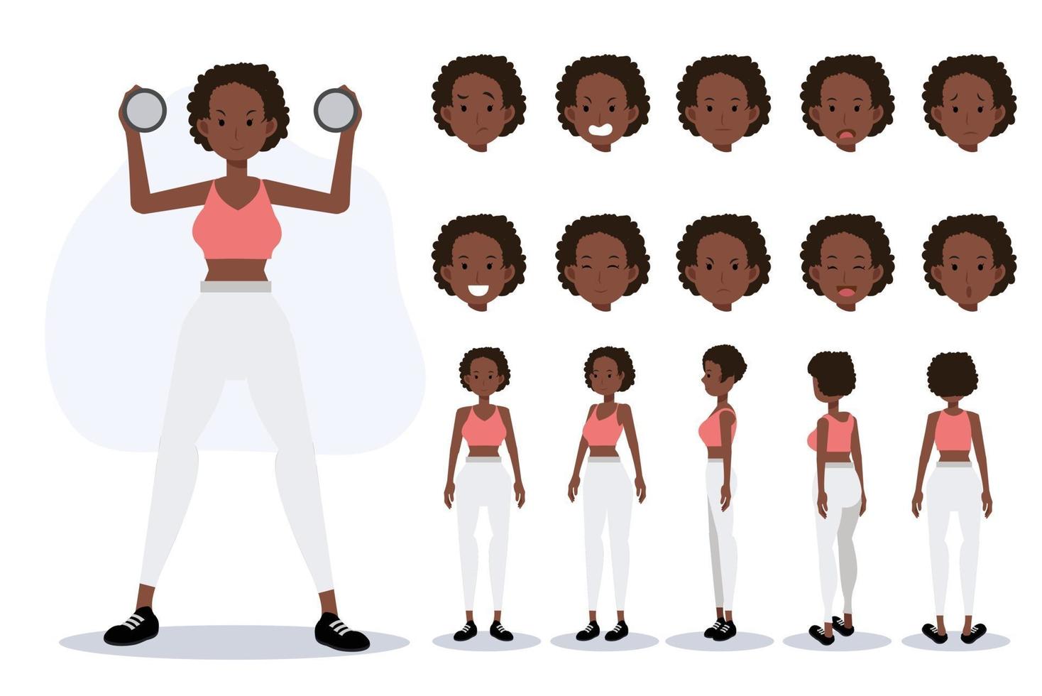 el personaje de una mujer afroamericana usa ejercicio en varios puntos de vista, vector