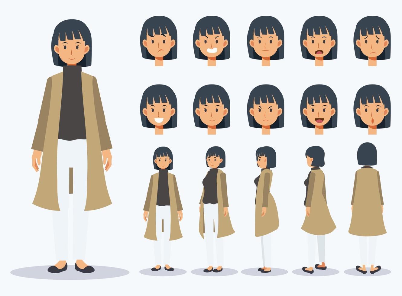 Set of Character woman wear casual clothing with various views vector