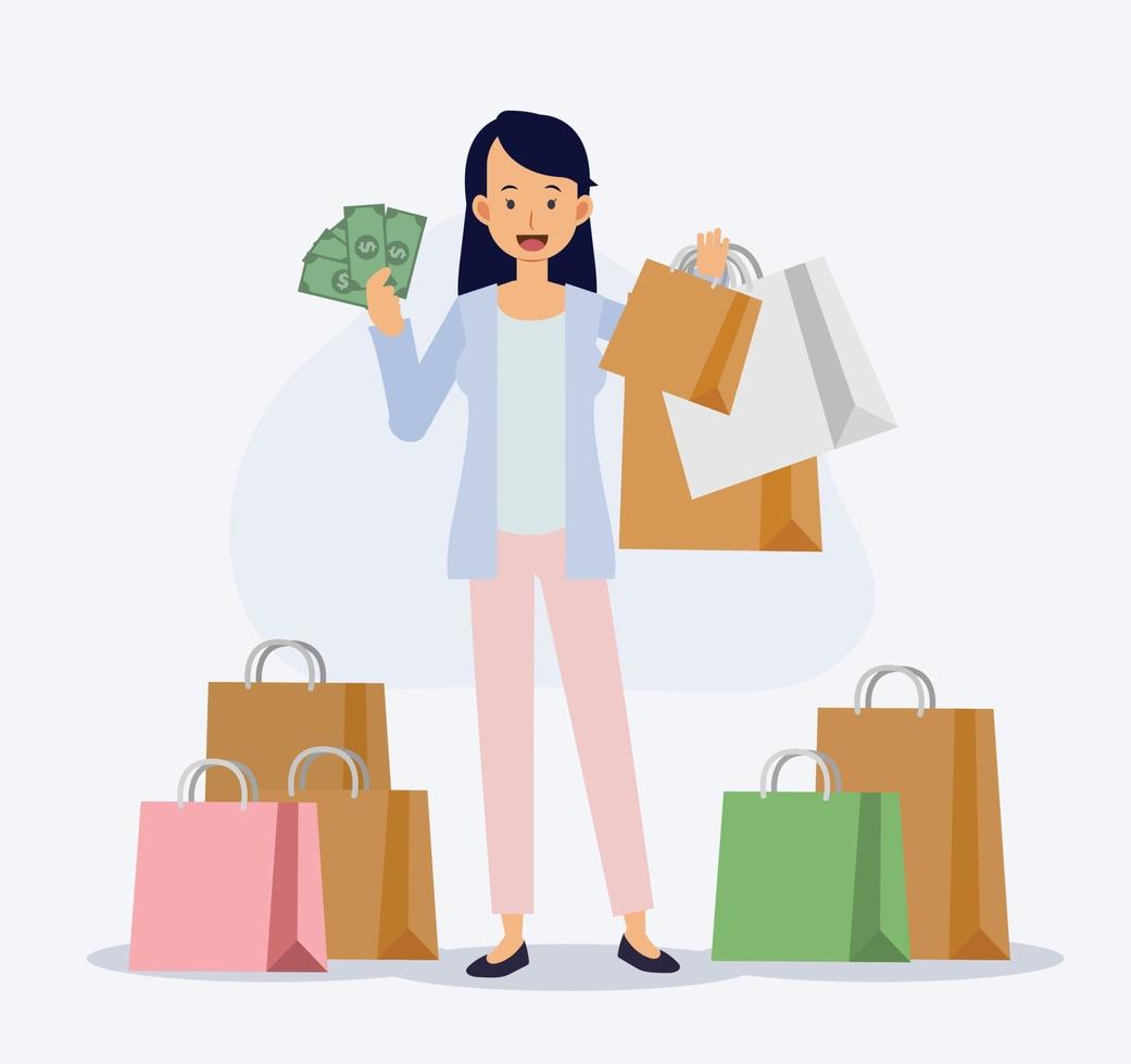 La mujer está contenta con el concepto de adicto a las compras de compras. vector