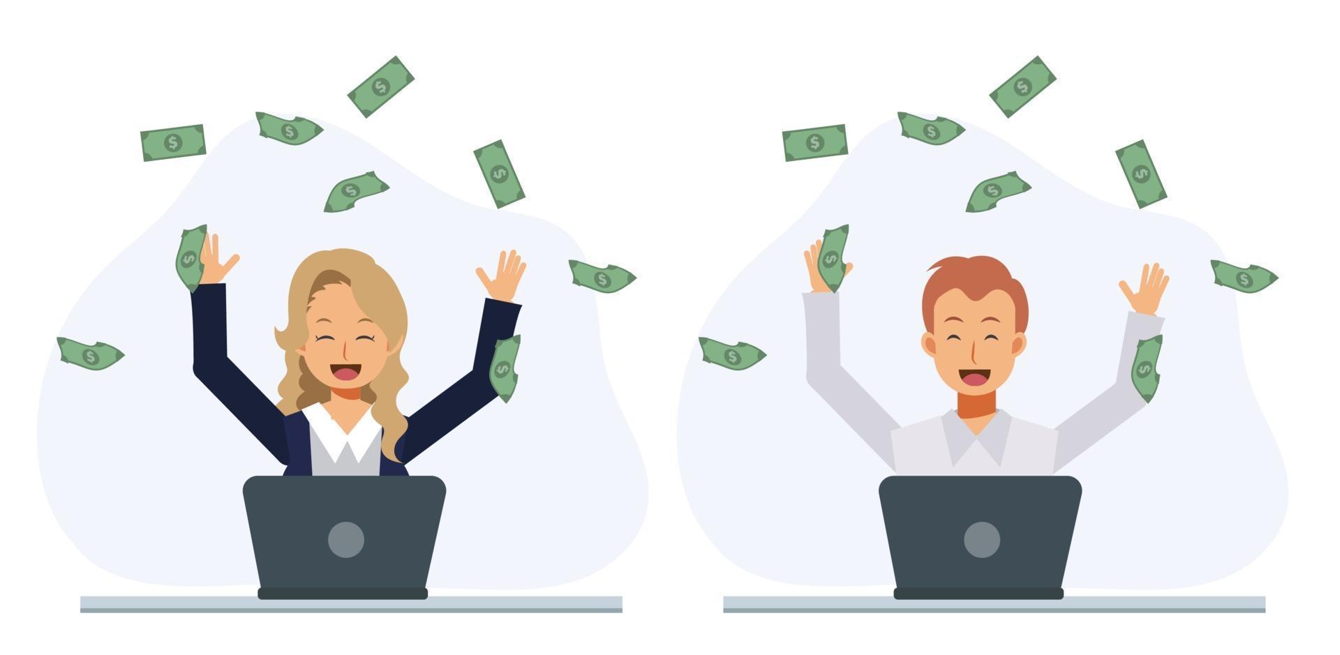 man and woman making a lot of money on internet.win the prize. vector