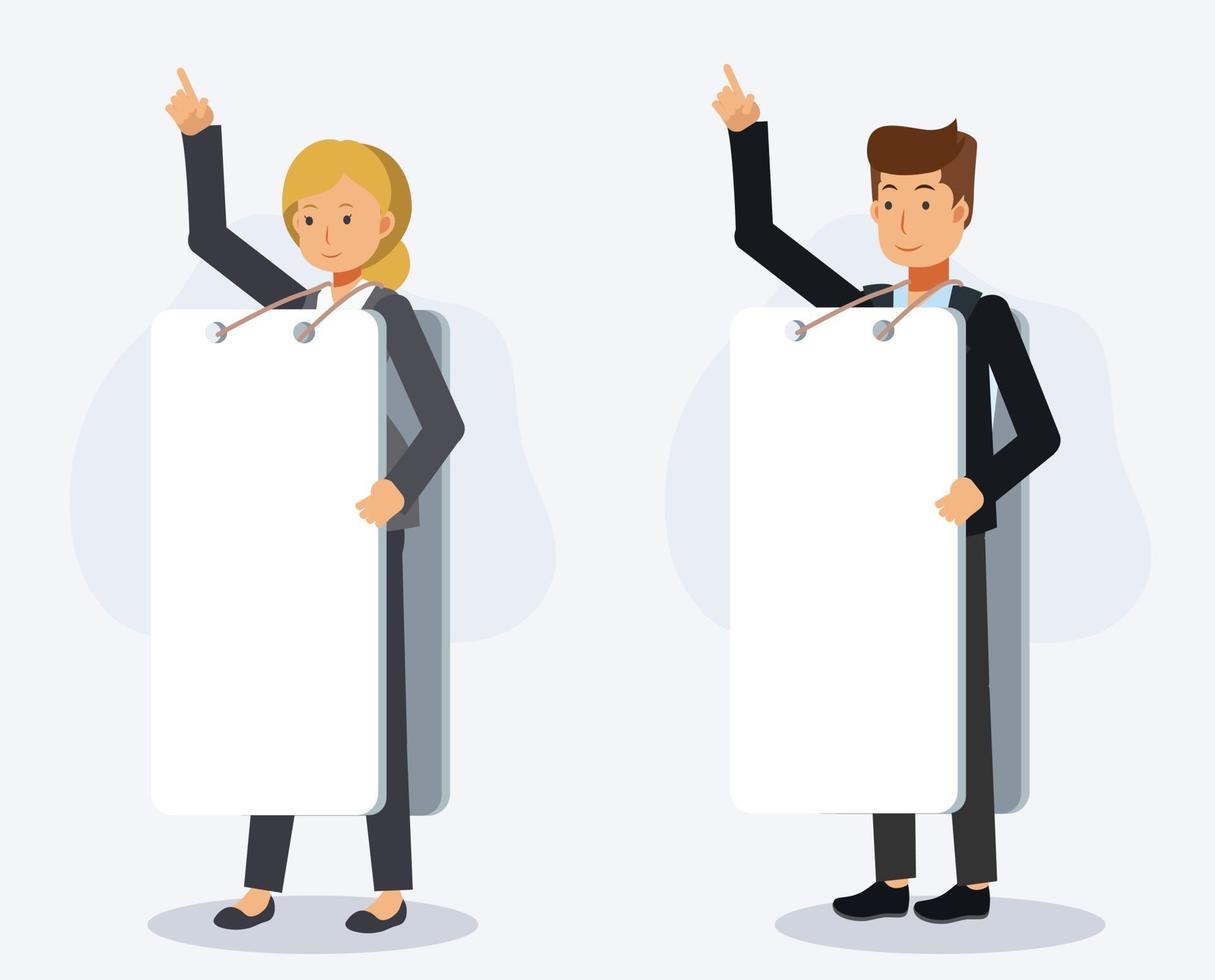 Set of man and woman wearing blank board ad sign and hand up. vector