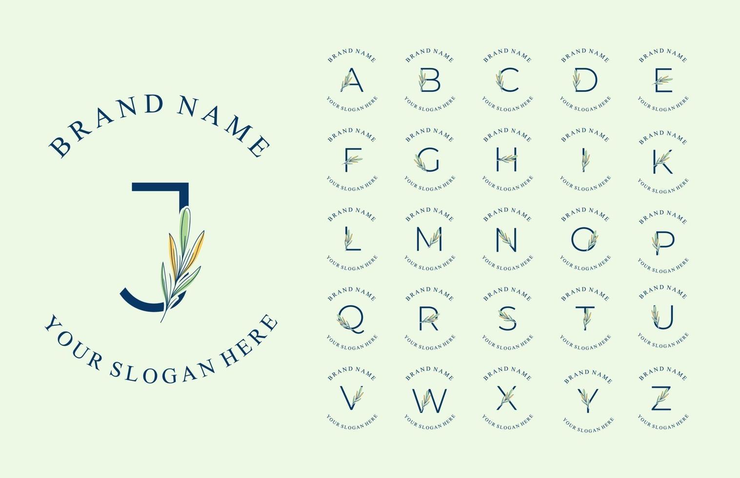 Set of Alphabet logo with beautiful hand drawn leaves vector