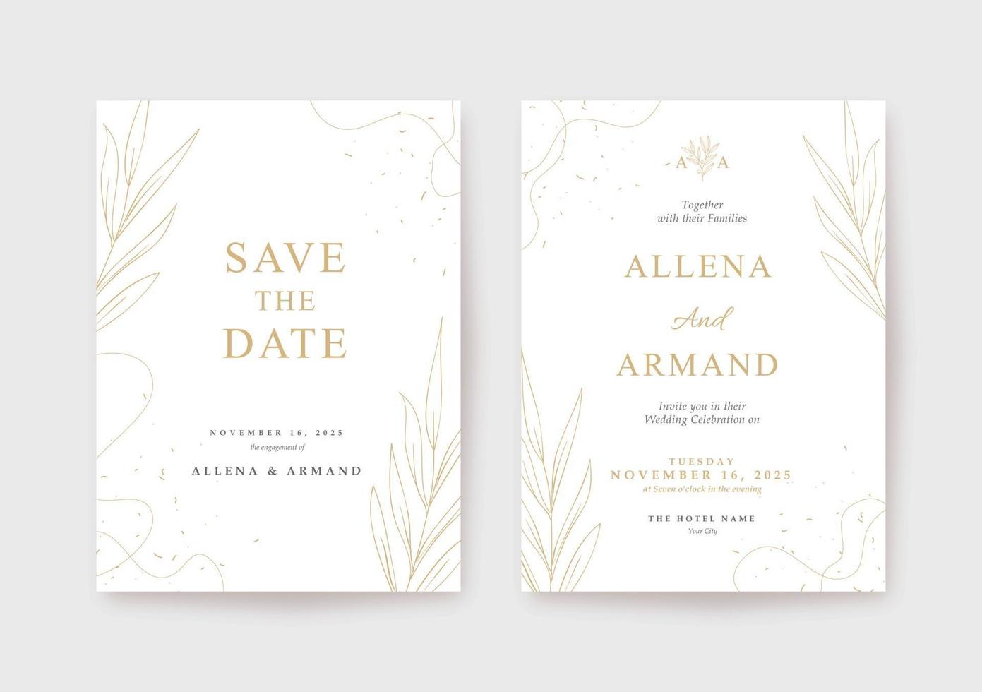 Beautiful luxury gold and white wedding stationery template vector