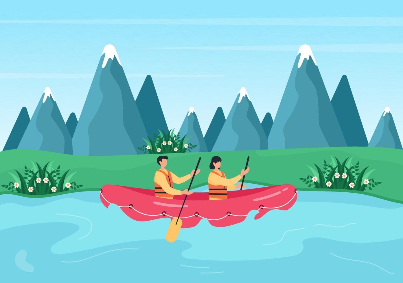 Rafting, Canoeing, Kayaking in the River Vector Illustration