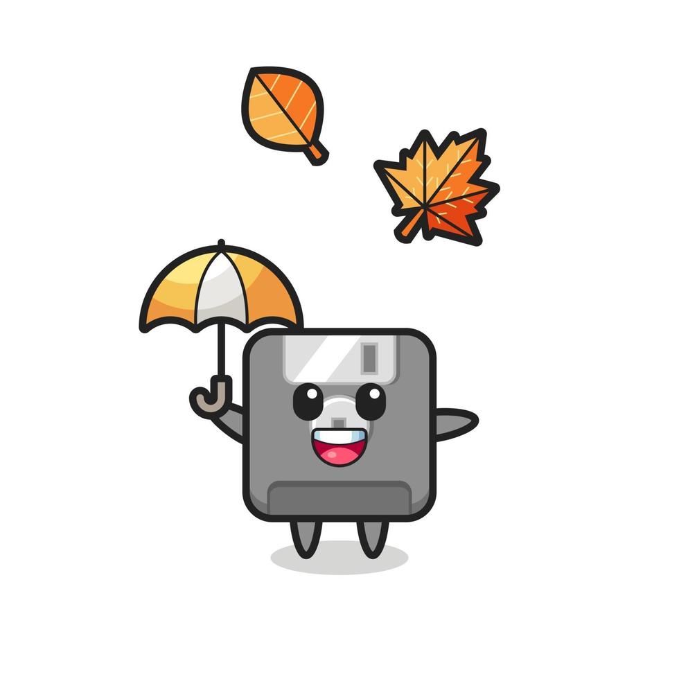 cartoon of the cute floppy disk holding an umbrella in autumn vector