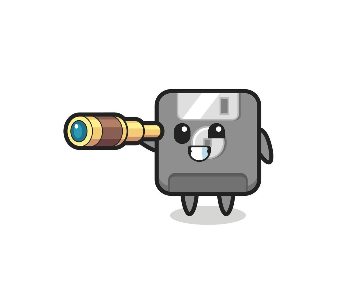 cute floppy disk character is holding an old telescope vector