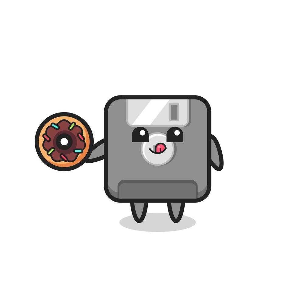 illustration of an floppy disk character eating a doughnut vector