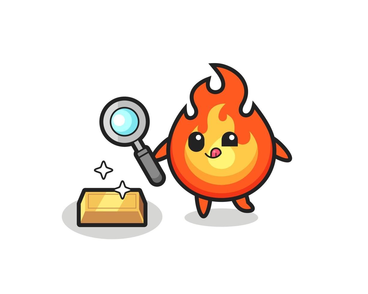 El personaje de fuego está verificando la autenticidad de los lingotes de oro. vector